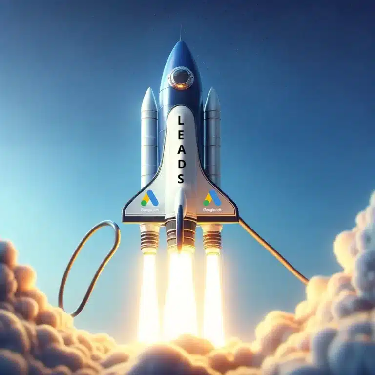 Imagem de um foguete com Leads escrito no topo do foguete subindo, e com o logo do Google Ads perto do motor de propulsão
