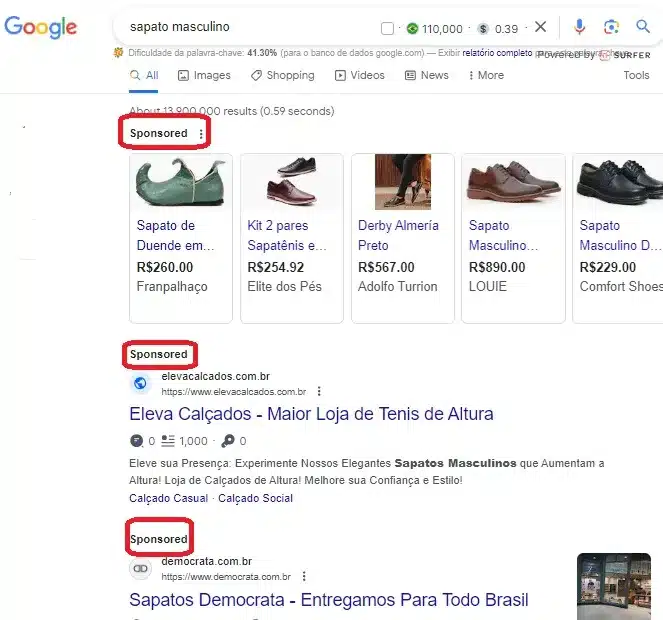 Exemplos de anúncios de pesquisa pago no Google